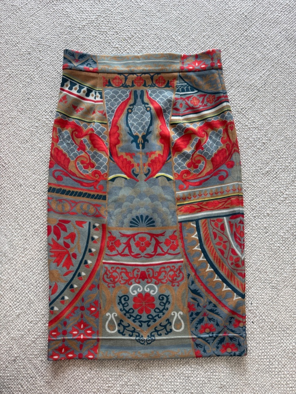 Baroque-Inspired Red & Gray Pencil Skirt